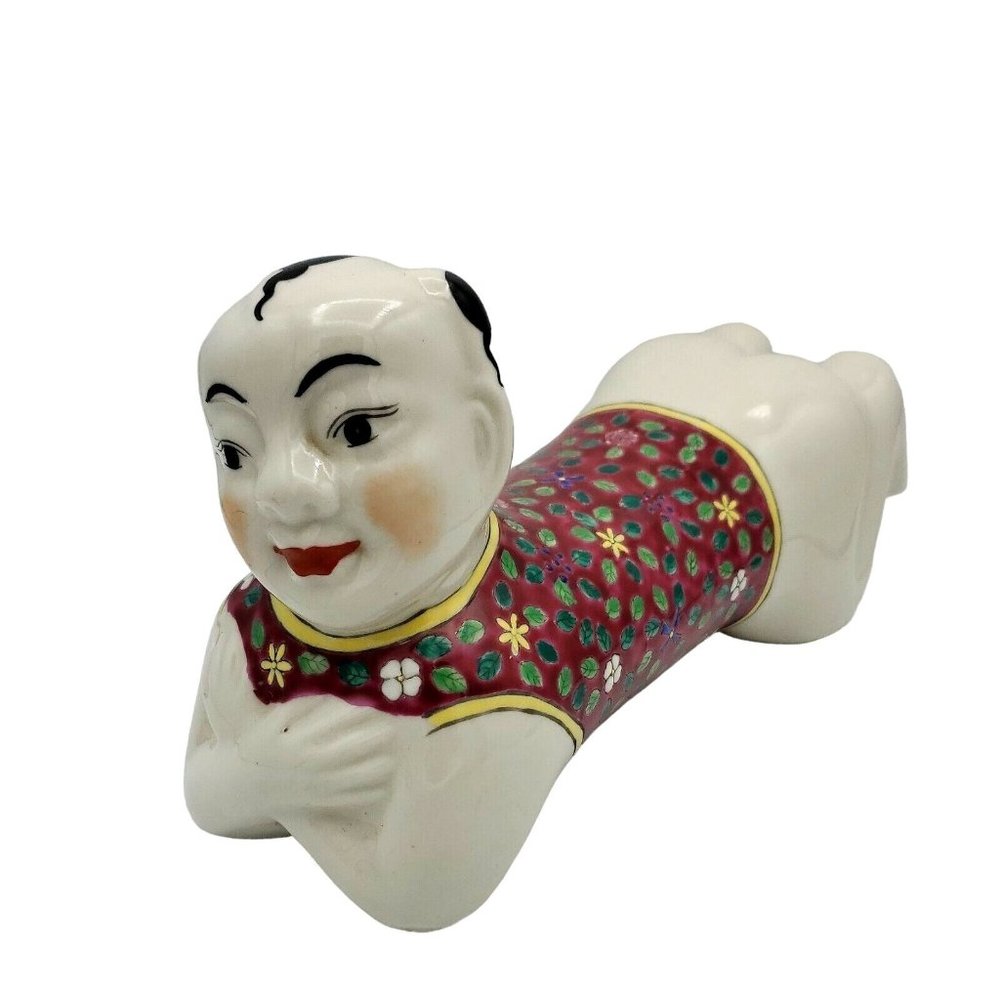 Chinese 12" Porcelain Pillow Headrest Kneeling Child Famille Rose Asian Sculptur